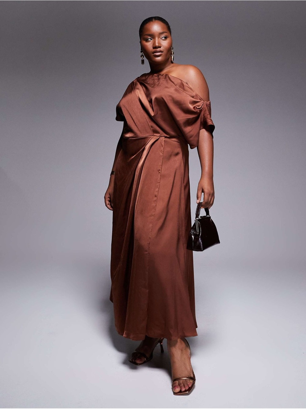 Asos Sz 14 Satin Brown Elegant Off Shoulder Draped Wedding Guest Midi Dress